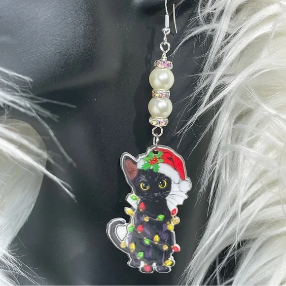 SOLD Holiday Festive Black Cat Christmas And Santa Clause Hat Earrings - Picture 4 of 8